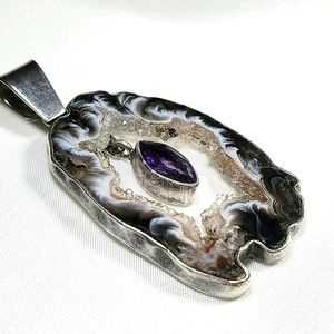 Genuine Luxurious Amethyst Geode Slice & Stone Crystals Pendant